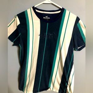 Hollister t-shirt, white, navy blue and green line pattern